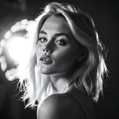 black and white photography, fashion editorial, a close up portrait of blondhaired beautiful woman is studio lights in style Herb Ritts, highres, realistic photo, professional photography, cinematic angle, dynamic light back shining,