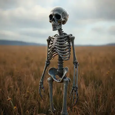 a creepy looking skeleton standing in a field, a character portrait by Mike Winkelmann, cgsociety contest winner, environmental art, #vfxfriday, unreal engine 5, cryengine