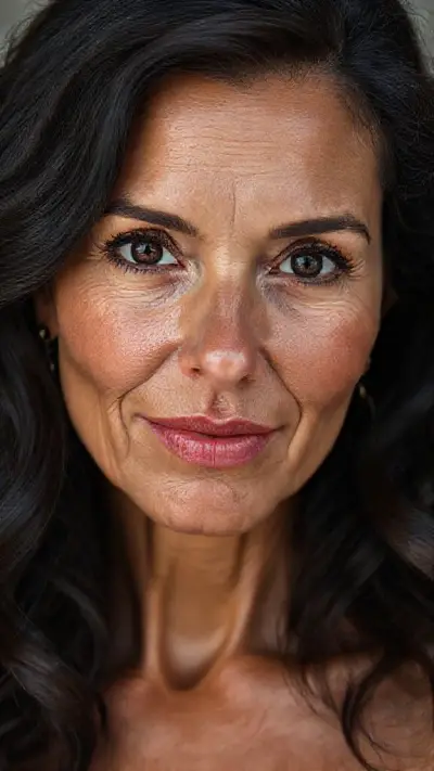Woman in her 40s, face and body, anatomy: Natural, natural, attractive, makeup-free beauty. Natural facial structure, very realistic anatomical skin texture. Highly detailed facial structure with deeply detailed skin pores and wavy black hair. Precise, deep forehead lines and sharp details. Black iris eyes. Highly detailed, micro-focused eyelashes. Highly detailed, micro-focused, ultra-detailed black eyebrows. Small, focused nose. Highly detailed, natural cheekbones. Small, defined mouth. Detailed lip curves. Highly detailed, focused pink pastel wet lips. Small oval chin. Beautifully detailed facial features. Anatomically defined facial line detail. Micro-detailed facial hair. Ultra-detailed earrings. Micro-detailed aging pore structure. Genetic anatomical synchronous aging of the body. Micro-detailed shooting. Detailed photography as genetic reality. No screen filter. Digital visual art. HD 8K