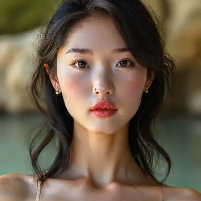 Korean Woman, face and body, anatomy, natural, real no makeup, attractive, horny, wild beauty, in her early 18s. Natural face, very realistic anatomical skin structure. Highly detailed facial structure with deep skin pores and wavy black hair. Definite, deep forehead lines and sharp details. Black iris eyes. Highly detailed, micro-focused eyelashes. Highly detailed, micro-focused, ultra-detailed black eyebrows. Small, focused nose. Highly detailed, natural cheekbones. Small, vague mouth. Detailed lip curves. Highly detailed, focused pink pastel wet lips. Small oval chin. Beautifully detailed facial features. Anatomically defined facial line detail. Micro-detailed facial hair. Micro-detailed aging pore structure. Highly detailed earrings. Slim fit petite woman. Neck and bikini area (small breasts with detailed anatomical micro-textures). Micro-anatomical without the use of a screen filter (no face filter). Realistic color tones, ultra-realistic details.