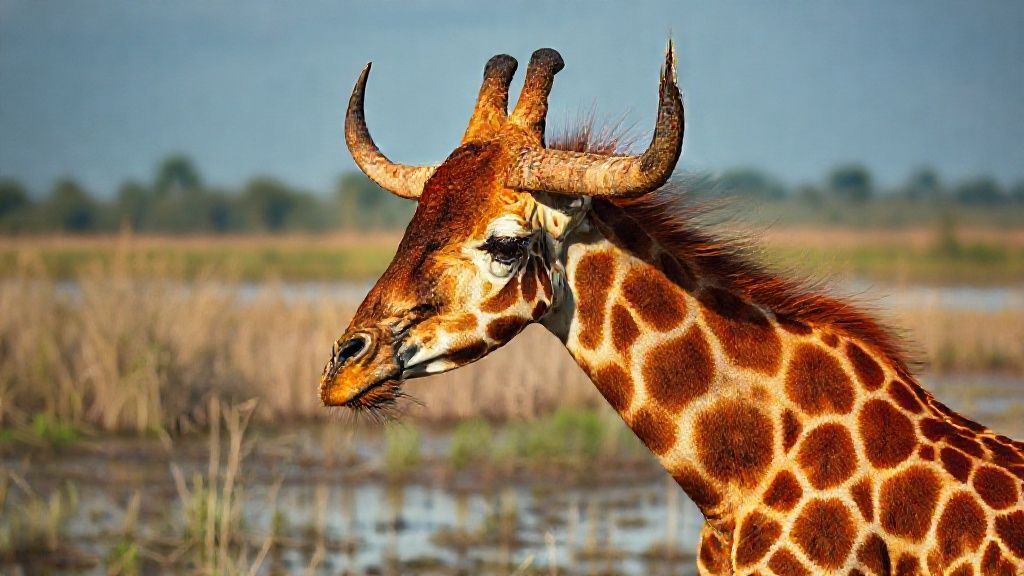 Physically very similar to a giraffe, this bull-like creature is a unique being with vibrant colors and a ferocious appearance; an almost mutated, evolved beast, captured in documentary-quality footage. Its extremely wild and detailed fur creates a striking image in its mystical setting: a rural swamp lake. Filmed remotely with a professional 35mm DSLR camera for 8K Ultra HD documentary filmmakers.