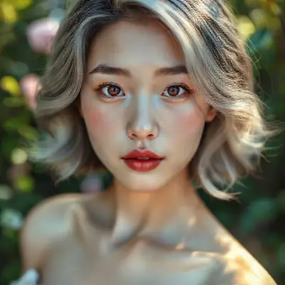 22-year-old asian mystic body, sweet mystic model (light-toned body) (bright light red iris eyes) ultra-sharp iris detail, subtle reflections, moist tear line, natural lashes, ultra-detailed face, natural skin pores, soft cheek shadows, high-resolution lash texture, realistic light on the bridge of the nose, tear lines, realistic shading, moist full lips, soft ultra natural sheen, light rose color, subtle skin texture, visible lip folds, realistic light reflection, fake shadows, visible scleral veins, realistic shadows, short wavy dark white hair, soft skin texture, realistic nipple detail, anatomically correct placement, subtle interplay of light and shadow, woman floating in a garden tabure on the soft cinematic lighting; (face) (body) (hair) (dslr) (85mm lens)