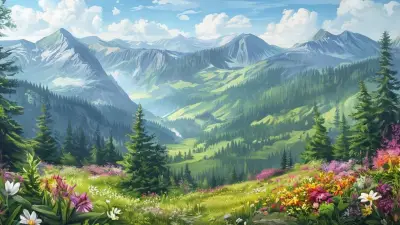 A valley like, with pine trees, meadows, flowers, mountains in the distance, and mikro details of a deep forest, Real grafic