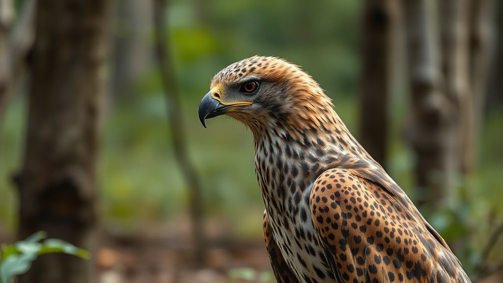 A unique animal that physically resembles an eagle but has cheetah-like coloring and appearance; a mutated, evolved animal captured in documentary-quality footage. Its extremely wild and detailed fur creates a very impressive sight in the forest. Filmed remotely with a professional 35mm DSLR camera for Ultra HD documentary filmmakers.