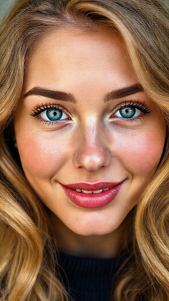 The facial anatomy of a cheerful and attractive woman in her 20s Turkish women Natural, 15% makeup-free, captivating, shy, innocent beauty. Natural facial structure, extremely realistic anatomical skin texture. Extremely detailed, focused facial structure with deeply detailed skin pores and wavy yellow hair. Fine, deep forehead lines and sharp details. Blue iris eyes. Extremely detailed, micro-focused lashes. Extremely detailed, micro-focused, ultra-detailed black eyebrows. Small, focused nose. Extremely detailed, natural cheekbones. Detailed lips. Extremely detailed, focused pink, juicy, wet lips. Small, elegant oval chin. Beautifully detailed facial features. Anatomically defined facial line detail. Ultra-detailed processing. Micro-detailed aging pore structure. Focused, detailed earrings. Realistic, vibrant, and ultra-realistic details. Unfiltered, extremely detailed 8K HD image.