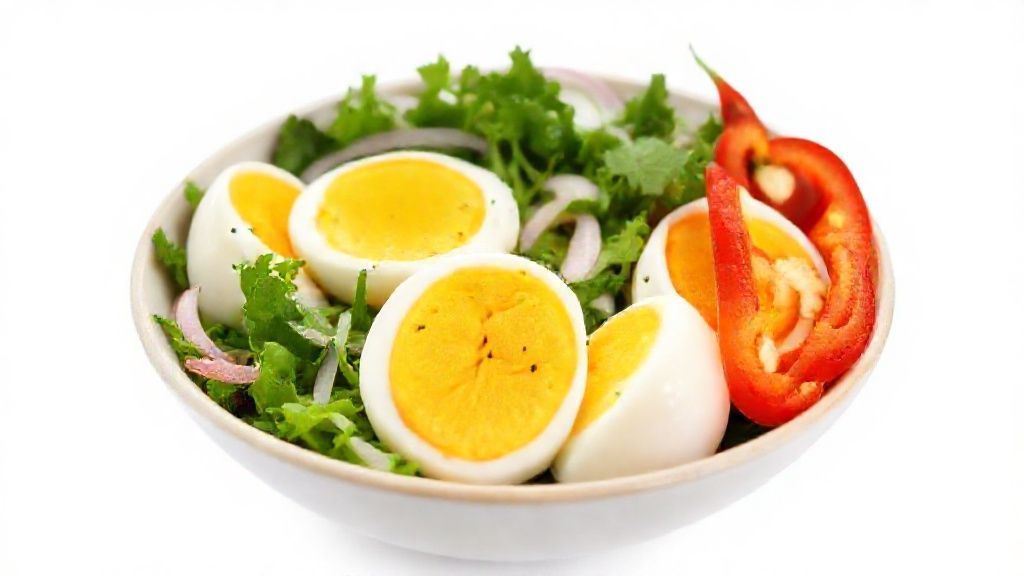 boiled eggs served in a bowl with greens, onions, sliced red peppers, white background, side view, image contains whole bowl