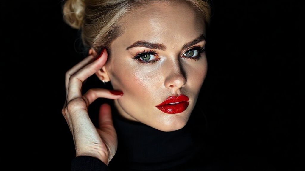 A cinematic close-up portrait of a striking woman in a sleek black turtleneck, her face softly illuminated against a dark, moody background. She has bold matte red lips, dramatic black eyeliner, and defined brows, gazing intensely into the camera with confident, piercing eyes. Her blonde hair is styled in a voluminous, slightly tousled updo, with loose strands framing her flawless, softly contoured face. Her red nails match her lipstick as she gently touches her temple, adding a subtle gesture of elegance. The lighting is clean and high-fashion, creating sharp contrast and rich shadows, evoking the feel of a luxury fragrance campaign, with a minimalist, sophisticated atmosphere, 85mm lens, shallow depth of field, sharp focus on the eyes, cinematic color grading, high-resolution editorial style, no text, no logos.