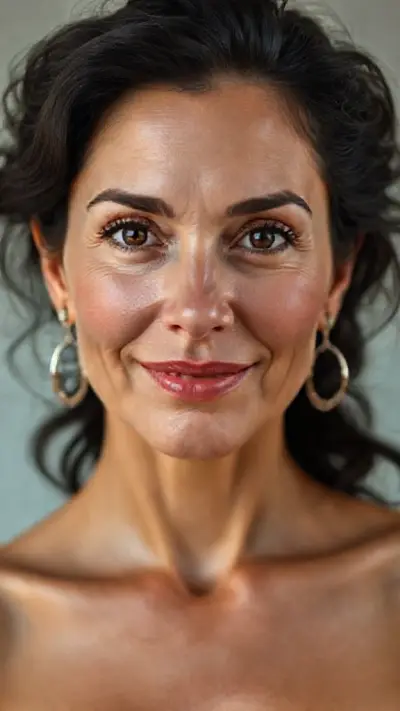 Lovely woman in her 40s, face and body, anatomy: Natural, natural, attractive, no-makeup beauty. Natural facial structure, very realistic anatomical skin texture. Highly detailed facial structure with deeply detailed skin pores and wavy black hair. Precise, deep forehead lines and sharp details. Black iris eyes. Highly detailed, micro-focused eyelashes. Highly detailed, micro-focused, ultra-detailed black eyebrows. Small, focused nose. Highly detailed, natural cheekbones. Small, vague mouth. Detailed lip curves. Highly detailed, focused pink pastel wet lips. Small oval chin. Beautifully detailed facial features. Anatomically defined facial line detail. Micro-detailed facial hair. Ultra-detailed earrings. Micro-detailed aging pore structure. Slim fit woman. Belly and chest area detail (detailed anatomical micro-textures) (small, firm breasts). Genetic ultra-realistic detailed photo. Micro-realistic detailed face without a screen face filter. ultra hd 8k