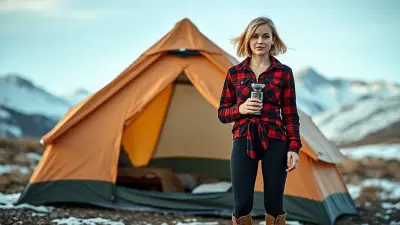 A woman in her twenties, attractive and detail-oriented, stands in front of a camping tent in the mountains. The air is cold and icy. She is of medium height, with short, straight blonde hair and fair skin. Her hair flutters in the wind. She is wearing a black plaid, slim-fit red lumberjack shirt tied at the waist, black tight underwear, and brown hiking boots, holding a coffee grinder in her hand. The air is cold and clear, with realistic details, vivid colors, and a cinematic atmosphere suitable for an Ultra HD 8K scene.