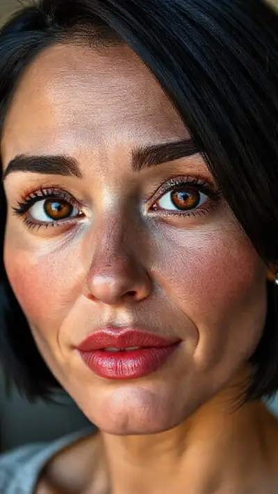 Black hair, short bob cut, shiny and thick hair, highly detailed thick black eyebrows, brown eyes with ultra-detailed wet irises, highly detailed eyelashes, small hazelnut nose, silver piercing in left nostril, finely detailed lips with glossy curves and highly detailed pink lipstick, lightly tanned fair skin, small shiny earrings in her ear, pronounced cheekbones and aging lines on her cheeks, around her eyes, and on her forehead, ultra-detailed skin and pores. A 42-year-old Caucasian female, cinematically photographed from the chest up, with ultra-realistic anatomical and genetic aging details, no filters applied.