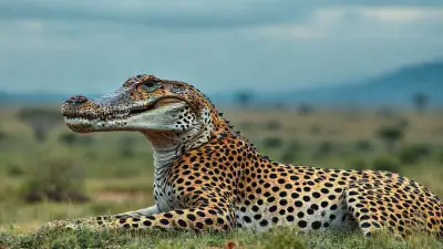 Its head is a crocodile head, its body is a cheetah, its body is realistic, with realistic texture and colors, UHD 8K realistic anatomical reality. There is a full-screen African landscape;