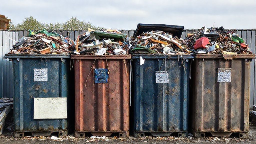 Four garbage containers filled to the brim and overflowing with scraps;
