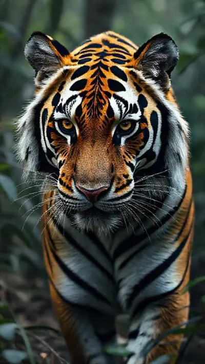 Let it be a tiger but in zebra color, let it be a wild, fantastic, mystical animal with extremely realistic anatomical details, wild eyes and patterns, silently watching its surroundings from the depths of the forest.