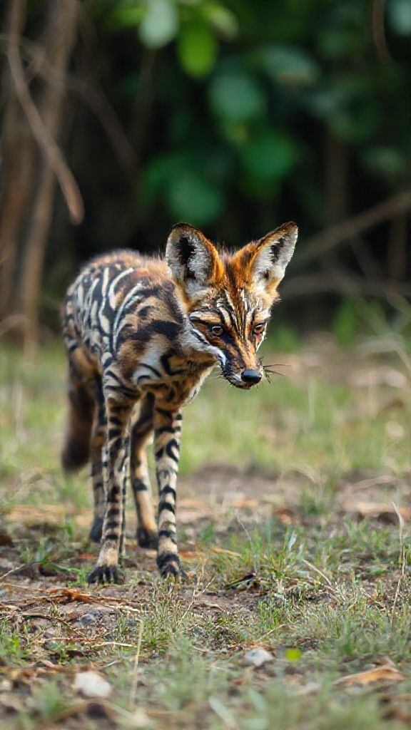 A unique animal that physically resembles a fox but has zebra-like coloring and a bizarre appearance; a mutated, evolved animal captured in documentary-quality footage. Its extremely wild and detailed fur creates a very impressive sight in a rural swamp environment. Filmed remotely with a professional 35mm DSLR camera for Ultra HD documentary filmmakers.