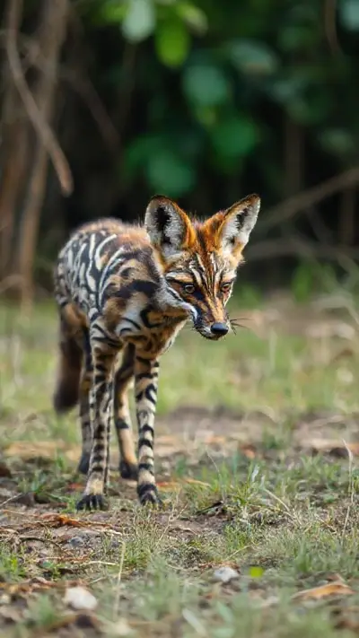 A unique animal that physically resembles a fox but has zebra-like coloring and a bizarre appearance; a mutated, evolved animal captured in documentary-quality footage. Its extremely wild and detailed fur creates a very impressive sight in a rural swamp environment. Filmed remotely with a professional 35mm DSLR camera for Ultra HD documentary filmmakers.
