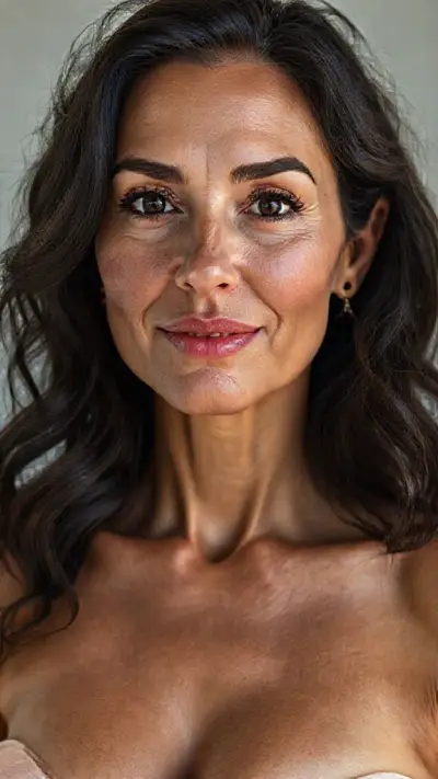 Female, face and body, anatomy, natural, real no makeup, attractive, horny, passionate beauty, in her early 40s. Natural face, very realistic anatomical skin structure. Highly detailed facial structure with deep skin pores and wavy black hair. Definite, deep forehead lines and sharp details. Black iris eyes. Highly detailed, micro-focused eyelashes. Highly detailed, micro-focused, ultra-detailed black eyebrows. Small, focused nose. Highly detailed, natural cheekbones. Small, subtle mouth with detail. Detailed lip curves. Highly detailed, focused pink pastel wet lips. Small oval chin. Beautifully detailed facial features. Anatomically defined facial line detail. Micro-detailed facial hair. Micro-detailed aging pore structure. Highly detailed earrings. Slim fit petite woman. Neck and bikini area (small breast with detail) (realistic anatomical micro-textures). Micro-anatomical without the use of a screen filter (no face filter). Realistic color tone, ultra-realistic details.