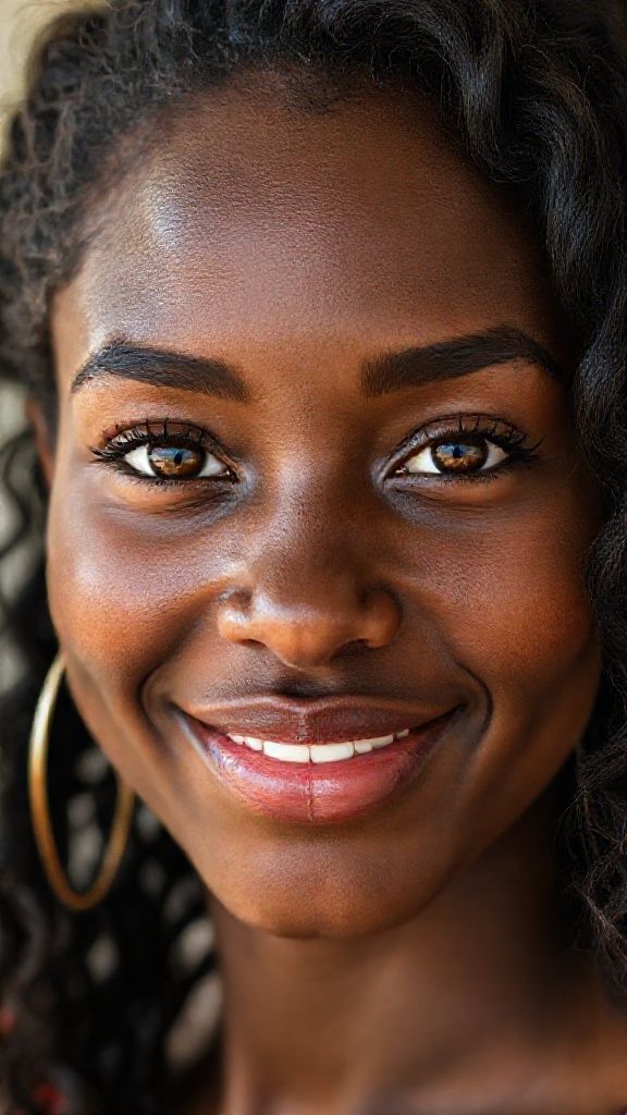The facial anatomy of a cheerful and attractive woman in her 18s Gambia women Natural, 100% makeup-free, captivating, shy, innocent beauty. Natural facial structure, extremely realistic anatomical skin texture. Extremely detailed, focused facial structure with deeply detailed skin pores and wavy black hair. Fine, deep forehead lines and sharp details. Brown iris eyes. Extremely detailed, micro-focused lashes. Extremely detailed, micro-focused, ultra-detailed black eyebrows. Small, focused nose. Extremely detailed, natural cheekbones. Detailed lips. Extremely detailed, focused pink, juicy, wet lips. Small, elegant oval chin. Beautifully detailed facial features. Anatomically defined facial line detail. Ultra-detailed processing. Micro-detailed aging pore structure. Focused, detailed earrings. Realistic, vibrant, and ultra-realistic details. Unfiltered, extremely detailed 8K HD image.