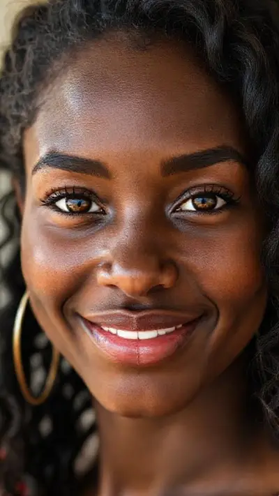 The facial anatomy of a cheerful and attractive woman in her 18s Gambia women Natural, 100% makeup-free, captivating, shy, innocent beauty. Natural facial structure, extremely realistic anatomical skin texture. Extremely detailed, focused facial structure with deeply detailed skin pores and wavy black hair. Fine, deep forehead lines and sharp details. Brown iris eyes. Extremely detailed, micro-focused lashes. Extremely detailed, micro-focused, ultra-detailed black eyebrows. Small, focused nose. Extremely detailed, natural cheekbones. Detailed lips. Extremely detailed, focused pink, juicy, wet lips. Small, elegant oval chin. Beautifully detailed facial features. Anatomically defined facial line detail. Ultra-detailed processing. Micro-detailed aging pore structure. Focused, detailed earrings. Realistic, vibrant, and ultra-realistic details. Unfiltered, extremely detailed 8K HD image.