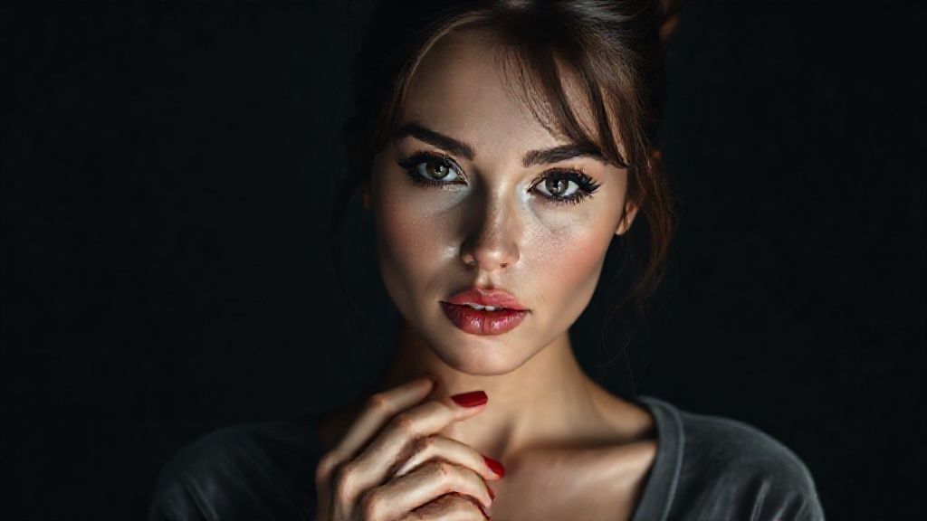 A cinematic close-up portrait of a striking woman, her face softly lit against a dark, somber background, wearing a low-cut gray velvet shirt. She has delicate, matte pink lips, striking black eyeliner, and defined eyebrows; she gazes intensely at the camera with confident, charming, piercing eyes. Her brown hair is pulled back into a slightly messy bun, with loose strands framing her flawlessly sculpted face. Her red nails, which match her lipstick, lightly touch her mouth, adding a subtle elegance. The lighting is clean and on-trend, creating sharp contrast and rich shadows, creating a minimalist, mystical atmosphere. The 85mm lens, shallow depth of field, sharp iris focus on the eyes, cinematic color grading, high-resolution editorial style, no text, no logos.