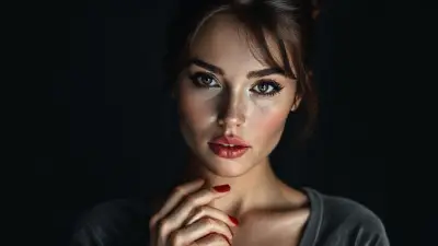 A cinematic close-up portrait of a striking woman, her face softly lit against a dark, somber background, wearing a low-cut gray velvet shirt. She has delicate, matte pink lips, striking black eyeliner, and defined eyebrows; she gazes intensely at the camera with confident, charming, piercing eyes. Her brown hair is pulled back into a slightly messy bun, with loose strands framing her flawlessly sculpted face. Her red nails, which match her lipstick, lightly touch her mouth, adding a subtle elegance. The lighting is clean and on-trend, creating sharp contrast and rich shadows, creating a minimalist, mystical atmosphere. The 85mm lens, shallow depth of field, sharp iris focus on the eyes, cinematic color grading, high-resolution editorial style, no text, no logos.