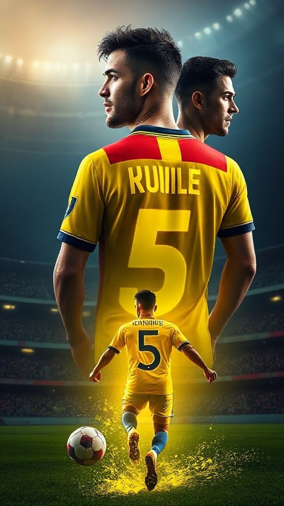 Prompt: Create a cinematic professional football (soccer) poster [featuring refer image]. Keep the original face, hair, shape, and angle exactly as in the image. Show the person in three perspectives: a super close-up portrait with a Fenerbahçe SK jersey 2026 (home kit, classic yellow and navy stripes), a side profile view wearing a Fenerbahçe dark navy away jersey 2026 in the back name [KUSKİ], and a full-body shot in full football kit (Fenerbahçe jersey 2026, shorts, socks, and cleats) with sponsor logos. At the bottom, place a dynamic action scene of the player performing a soccer skill with motion blur, flying grass, and glowing particles around. The jersey must clearly display the number 5 on the front, back, and shorts. Use a bold Şükrü Saracoğlu Stadium background with a massive glowing number 5 and the name [KUSKİ] shining behind the character in bright yellow-blue neon tones. The overall style should be ultra-realistic, high-resolution, cinematic, and professional sports poster vibes 8K ultra HD
