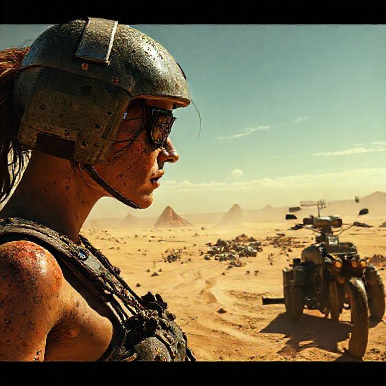mad max woman, photo realistic, post apocalypt, a detailed matte painting by Jerry Eisenberg, presented in cgsociety, Antipodeans, #vfxfriday, Imagined by light and industrial magic, Playstation 5 screenshot