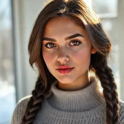 On a beautiful winter day, in a sunny room, stands a woman in her twenties, of Turkish descent, with long, dark brown hair braided to the sides. Her striking facial features include highly detailed brown irises, watery eyes, prominent eyelashes and thick eyebrows; a small, pointed, arched nose; bright pink, curved lips; a small, highly detailed oval chin; a delicate face and a captivating, sympathetic, sincere gaze. Physically, she has short shoulders, small, soft breasts, a slender waist, a slightly defined rib cage, slightly protruding shoulder blades, vibrant colors, focused eyes, and perfect lighting. The woman is a model with strikingly ultra realistic details, Ultra HD 8K pictures.