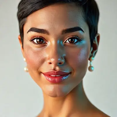 Hispanic female, song star anatomy, natural beauty, in her 20s. Ultra-realistic natural face. Ultra-detailed facial structure with deep pores. Shiny ear length, short black hair. Definite, deep forehead lines and defined details. Brown iris. Watery eyes. Ultra-detailed, micro-focused eyelashes. Ultra-detailed, micro-focused black eyebrows. Small nose. Ultra-detailed, natural dimpled cheeks. Detailed small mouth. Detailed lip curves. Ultra-detailed, focused pink pastel lips. Small chin oval. Ultra-detailed facial features. Ultra-anatomically defined facial line detail. Ultra-detailed facial hair. Micro-detailed pore structure. Ultra-realistic expression. Cute, flirty smile. Highly detailed pearl earrings. Ultra-detailed, focused neck and waist bikini area. Ultra-realistic anatomical detail and ultra-realistic textures. High-resolution, micro-detailed wide-field image.