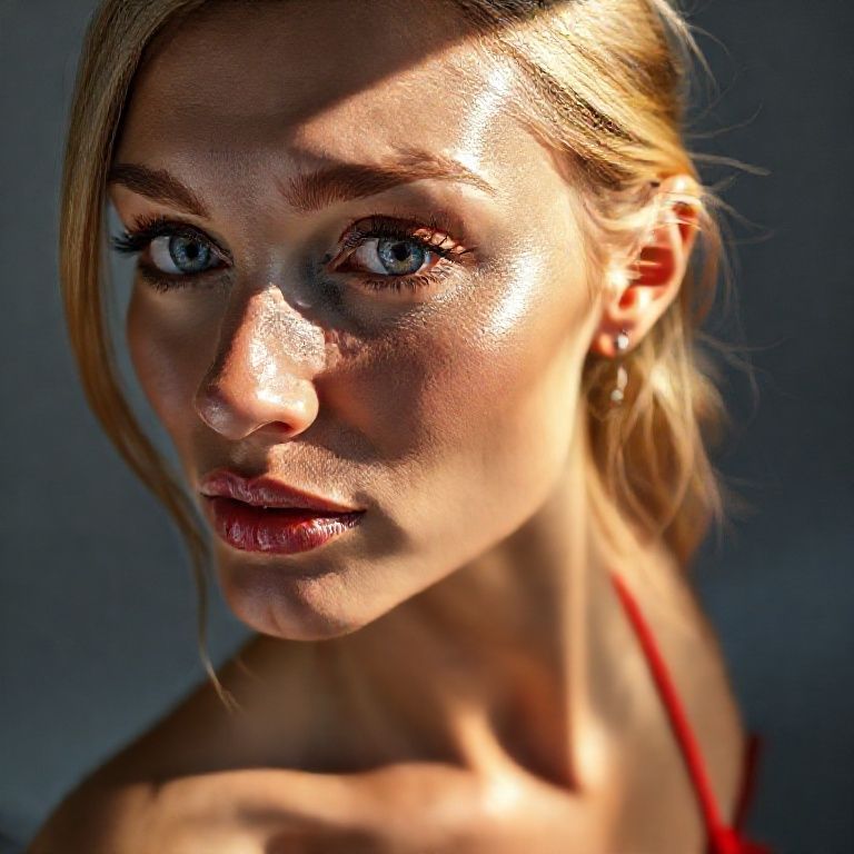 42-year-old Norwegian model, left: sunlight, sharp iris detail, subtle reflections, moist tear line, natural lashes, ultra-detailed face, natural skin pores, cheek shadows, high-resolution lash texture, realistic light on the bridge of the nose, tear lines, realistic shading, moist, full lips, soft, ultra-natural shine, light rose color, light skin texture, defined lip curves, flirty, understated demeanor, broad shoulders, small bust (rose color, detail of the chest area), skimpy bikini and a little belly fat, fit hips and very sexy buttocks, red heels, beautiful woman posing, high-angle camera shot, realistic light reflections, sunny shadows, prominent ultra-scleral veins, 85mm lens, ultra-detailed anatomical facial line and wrinkle detail. Gray studio background, bright;