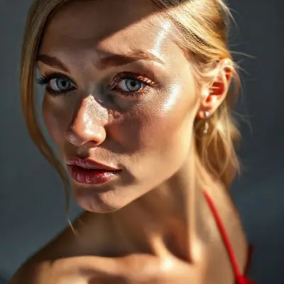 42-year-old Norwegian model, left: sunlight, sharp iris detail, subtle reflections, moist tear line, natural lashes, ultra-detailed face, natural skin pores, cheek shadows, high-resolution lash texture, realistic light on the bridge of the nose, tear lines, realistic shading, moist, full lips, soft, ultra-natural shine, light rose color, light skin texture, defined lip curves, flirty, understated demeanor, broad shoulders, small bust (rose color, detail of the chest area), skimpy bikini and a little belly fat, fit hips and very sexy buttocks, red heels, beautiful woman posing, high-angle camera shot, realistic light reflections, sunny shadows, prominent ultra-scleral veins, 85mm lens, ultra-detailed anatomical facial line and wrinkle detail. Gray studio background, bright;