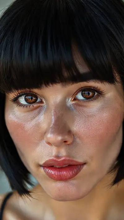 Black hair, short bob cut, shiny, thick hair, highly detailed thick black eyebrows, brown eyes with ultra-detailed wet irises, highly detailed eyelashes, small hazelnut nose, silver piercing in left nostril, finely detailed lips with glossy curves and highly detailed pink lipstick, lightly tanned fair skin, small shiny earrings in her ear, pronounced cheekbones and aging lines on her cheeks, around her eyes, and on her forehead, ultra-detailed skin and pores. 32 years old, professionally shot, cinematically photographed from her chest up to 1 meter above her head, ultra-realistic 85mm DSLR images of anatomical and genetic aging, all shot in real time, without any filters.