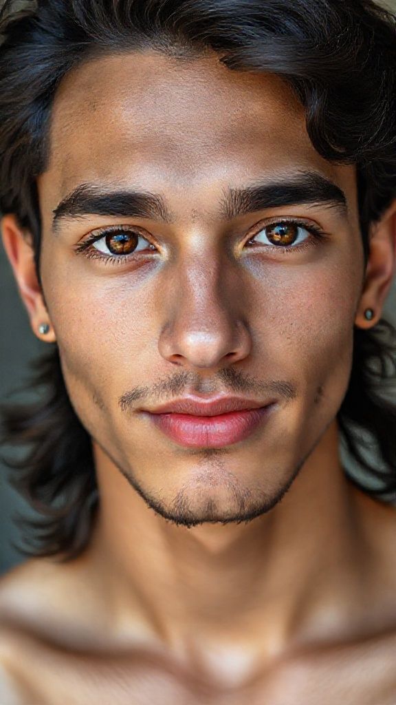 The facial anatomy of a cheerful and attractive man in her 20's Afgan man Natural, 100% makeup-free, captivating, shy, innocent beauty. Natural facial structure, extremely realistic anatomical skin texture. Extremely detailed, facial structure with deeply detailed skin pores and wavy black hair. Fine, deep forehead lines and sharp details. Brown iris eyes. Extremely detailed, micro-focused lashes. Extremely detailed, micro-focused, ultra-detailed black eyebrows. Small, focused nose. Extremely detailed, natural cheekbones. Detailed lips. Extremely detailed, focused pink, juicy, wet lips. Small, elegant oval chin. Beautifully detailed facial features. Anatomically defined facial line detail. Ultra-detailed processing. Micro-detailed aging pore structure. Focused, detailed earrings. Realistic, vibrant, and ultra-realistic details. Unfiltered, extremely detailed 16K ultra HD image.