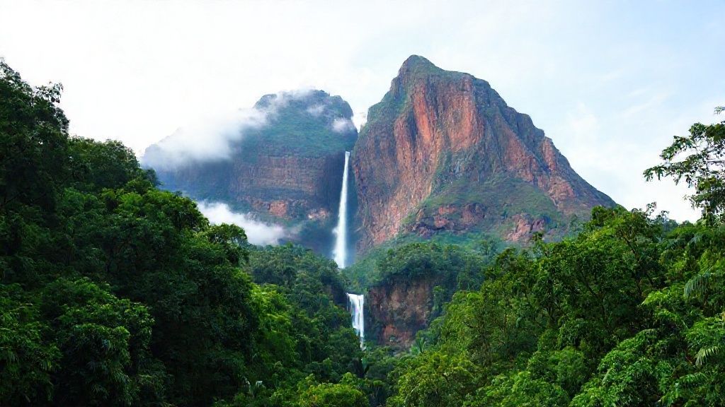 A dense, lush tropical forest is seen in the foreground. The trees are dense and vibrant green tones.

The lower part of the waterfall above the forest is covered with fog and clouds.

A mountain of huge, dark reddish-brown sheer blocks of rock rises in the background.

A thin and very high waterfall flows down from the top of the mountain. The long and thin structure of Angel Falls is clearly evident.

The sky is light blue, with some light clouds.