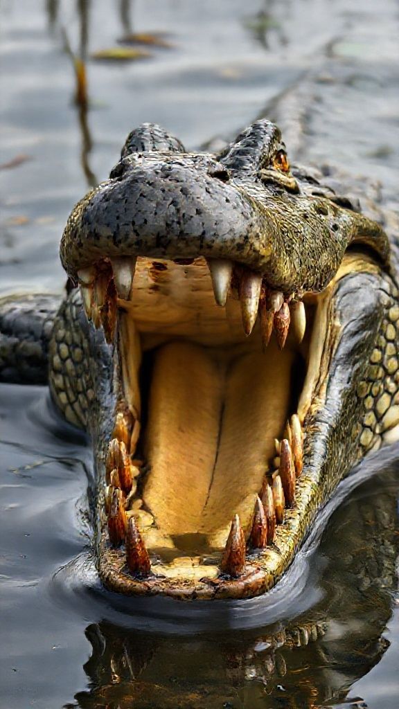 A magnificent animal, a highly detailed crocodile with a massive mouth and teeth made of rifle bullets. A rare photo taken in a swamp. Ultra HD