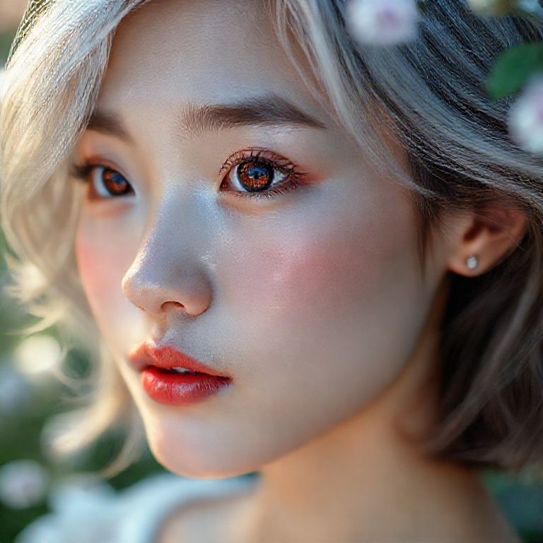 22-year-old asian mystic body, sweet mystic model (light-toned body) (bright light red iris eyes) ultra-sharp iris detail, subtle reflections, moist tear line, natural lashes, ultra-detailed face, natural skin pores, soft cheek shadows, high-resolution lash texture, realistic light on the bridge of the nose, tear lines, realistic shading, moist full lips, soft ultra natural sheen, light rose color, subtle skin texture, visible lip folds, realistic light reflection, fake shadows, visible scleral veins, realistic shadows, short wavy dark white hair, soft skin texture, realistic nipple detail, anatomically correct placement, subtle interplay of light and shadow, woman floating in a garden tabure on the soft cinematic lighting, Face Restoration/Face Enhancement High Resolution Correction Scaling x4 SDXL or use model like Realistic; (face) (body) (hair) (dslr) (85mm lens)