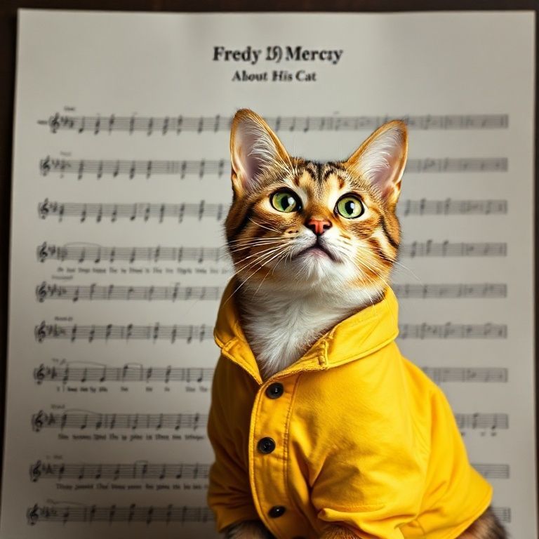 sheet music for a song written by fredy mercury about his cat picture of fredy mercury's cat on a background. cat wearing fredy mercury's yellow jacket
