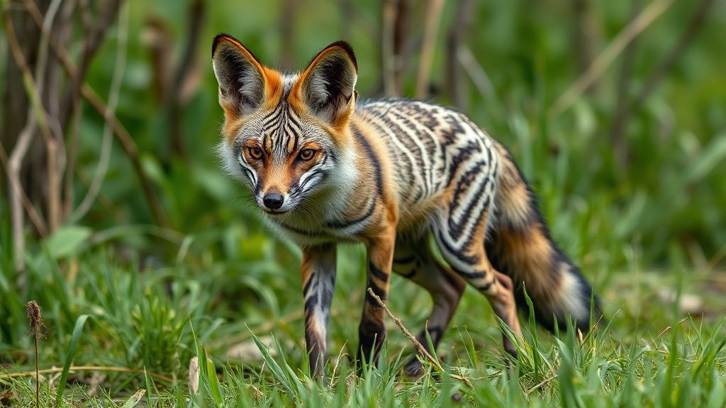A unique animal that physically resembles a fox but has zebra-like coloring and a bizarre appearance; a mutated, evolved animal captured in documentary-quality footage. Its extremely wild and detailed fur creates a very impressive sight in a rural swamp environment. Filmed remotely with a professional 35mm DSLR camera for Ultra HD documentary filmmakers.