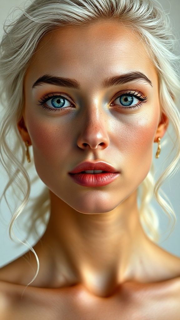 Female, face and body, anatomy, natural, real no makeup, attractive, horny, passionate beauty, in her early 20s. Natural face, very realistic anatomical skin structure. Highly detailed facial structure with deep skin pores and wavy White hair. Definite, deep forehead lines and sharp details. blue iris eyes. Highly detailed, micro-focused eyelashes. Highly detailed, micro-focused, ultra-detailed black eyebrows. Small, focused nose. Highly detailed, natural cheekbones. Small, subtle mouth with detail. Detailed lip curves. Highly detailed, focused pink pastel wet lips. Small oval chin. Beautifully detailed facial features. Anatomically defined facial line detail. Micro-detailed facial hair. Micro-detailed aging pore structure. Highly detailed earrings. Slim fit petite woman. Neck and bikini area (small breast with detail) (realistic anatomical micro-textures). Micro-anatomical without the use of a screen filter (no face filter). Realistic color tone, ultra-realistic details. 8K Ultra HD