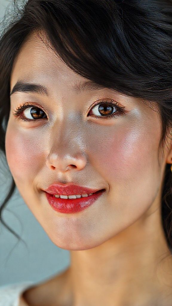 The facial anatomy of a cheerful and attractive woman in her 20s Asian women Natural, 100% makeup-free, captivating, shy, innocent beauty. Natural facial structure, extremely realistic anatomical skin texture. Extremely detailed, focused facial structure with deeply detailed skin pores and wavy black hair. Fine, deep forehead lines and sharp details. Brown iris eyes. Extremely detailed, micro-focused lashes. Extremely detailed, micro-focused, ultra-detailed black eyebrows. Small, focused nose. Extremely detailed, natural cheekbones. Detailed lips. Extremely detailed, focused pink, juicy, wet lips. Small, elegant oval chin. Beautifully detailed facial features. Anatomically defined facial line detail. Ultra-detailed processing. Micro-detailed aging pore structure. Focused, detailed earrings. Realistic, vibrant, and ultra-realistic details. Unfiltered, extremely detailed 8K HD image.
