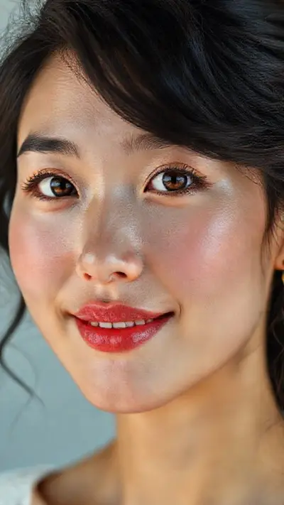 The facial anatomy of a cheerful and attractive woman in her 20s Asian women Natural, 100% makeup-free, captivating, shy, innocent beauty. Natural facial structure, extremely realistic anatomical skin texture. Extremely detailed, focused facial structure with deeply detailed skin pores and wavy black hair. Fine, deep forehead lines and sharp details. Brown iris eyes. Extremely detailed, micro-focused lashes. Extremely detailed, micro-focused, ultra-detailed black eyebrows. Small, focused nose. Extremely detailed, natural cheekbones. Detailed lips. Extremely detailed, focused pink, juicy, wet lips. Small, elegant oval chin. Beautifully detailed facial features. Anatomically defined facial line detail. Ultra-detailed processing. Micro-detailed aging pore structure. Focused, detailed earrings. Realistic, vibrant, and ultra-realistic details. Unfiltered, extremely detailed 8K HD image.