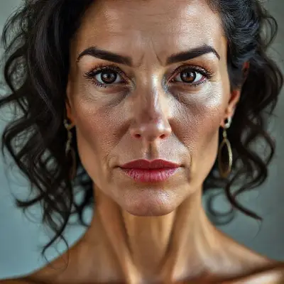 A striking and serious woman in her 40s; facial and body anatomy: Natural, 100% makeup-free, attractive, sensual, wild beauty. Natural facial structure, very realistic anatomical skin texture. Extremely detailed facial structure with deeply detailed skin pores and wavy black hair. Fine, deep forehead lines and sharp details. Black iris eyes. Extremely detailed, micro-focused lashes. Extremely detailed, micro-focused, ultra-detailed black eyebrows. Small, focused nose. Extremely detailed, natural cheekbones. Detailed lip contours. Extremely detailed, focused pink pastel wet lips. Small oval chin. Beautifully detailed facial features. Anatomically defined facial line detail. Micro-detailed facial hair. Micro-detailed aging pore structure. Ultra-detailed earrings. Slender woman. Neck (detailed anatomical micro-textures). Realistic color tones, ultra-realistic detailed photograph (no face filter). 8K ULTRA HD. Micro-detailed without screen filters.