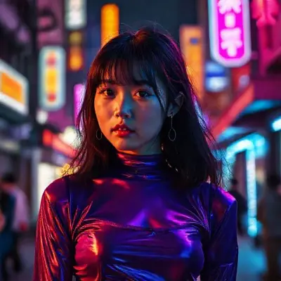 a girl in a purple top in a neon city, in the style of chinapunk, iconic album covers, soft-focus portraits, luke fildes, light amber and silver, exotic, captivating lighting --ar 1:2 --stylize 750 --v 6