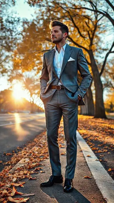 The image depicts a man standing by the roadside in a city surrounded by deciduous oak and pine trees on a beautiful autumn day; the sun reflects off him from the ground. He wears a grey, slim-fitting Italian suit with a white shirt underneath. He has a black belt around his waist and a white handkerchief in his jacket pocket. He wears shiny black shoes. His hands are in his pockets, and the wind is blowing, billowing his jacket and rustling the leaves on the ground. The vibrant colors and effects create a very cinematic effect.