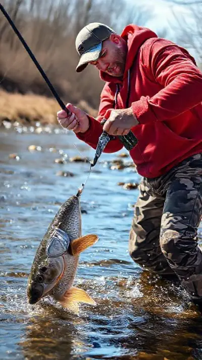 For example, the man in the picture is making an incredible effort to pull a catfish out of a stream using a professional fishing rod. He is wearing a red hooded sweatshirt and slim fit camouflage pants. The weather is incredibly sunny and the picture is realistic, in keeping with the theme and composition of the fishing adventure;