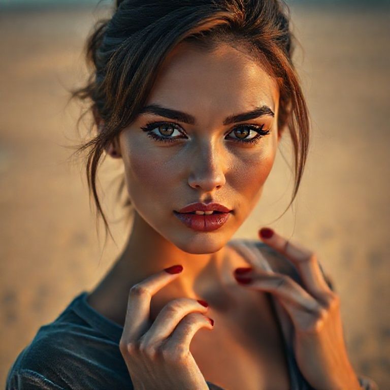 A cinematic close-up portrait of a striking woman, her face softly lit against a warm, sunny beach backdrop, wearing a low-cut gray velvet shirt. She has delicate, matte pink lips, striking black eyeliner, and defined eyebrows; her confident, charming, piercing eyes gaze intensely at the camera. Her brown hair is pulled back into a slightly messy bun, with loose strands framing her flawlessly contoured face. Her red nails, which match her lipstick, lightly touch her mouth, adding a subtle elegance. The lighting is clean and on-trend, creating sharp contrast and rich shadows, creating a minimalist, mystical atmosphere. The 85mm lens, shallow depth of field, sharp iris focus on the eyes, cinematic color grading, high-resolution editorial style, no text, no logos.