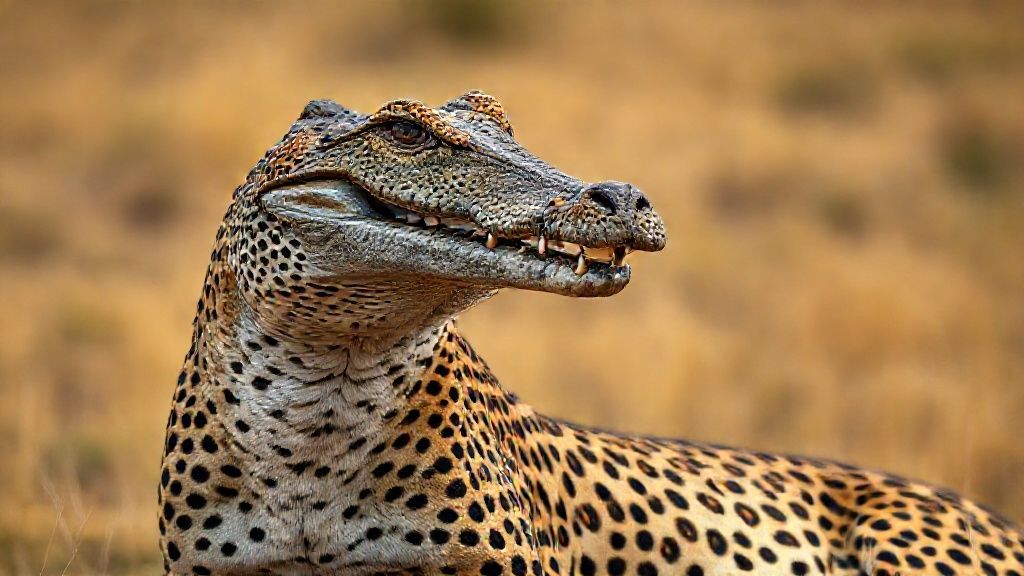 Its head is a crocodile head, its body is a cheetah, its body is realistic, its textures and colors are realistic. Anatomical reality 8K. Full screen African landscape is magnificent 85mm 1/1:2 DSLR camera;