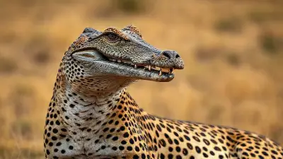 Its head is a crocodile head, its body is a cheetah, its body is realistic, its textures and colors are realistic. Anatomical reality 8K. Full screen African landscape is magnificent 85mm 1/1:2 DSLR camera;