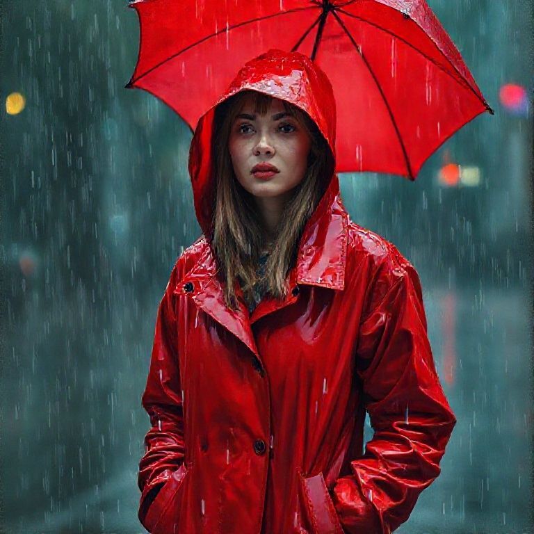 a woman in a red raincoat standing in the rain, a photorealistic painting by Hedi Xandt, featured on cg society, art photography, behance hd, redshift, photo taken with nikon d750