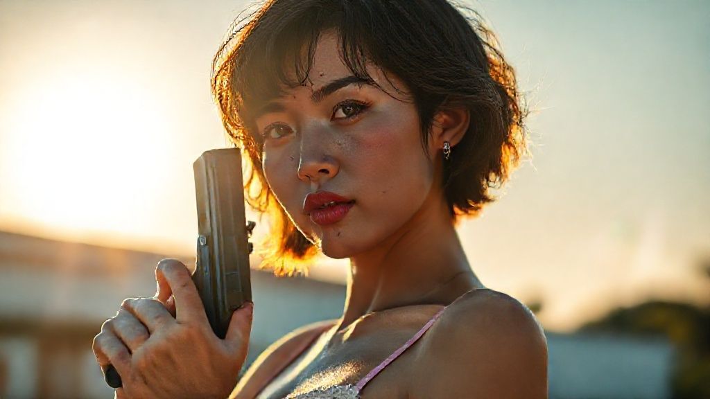 It's a sunny summer day, the sun shining from the left. The woman is a total aesthetic, holding a pistol. The Chinese woman, in her 20s, has short, wet, wavy hair, prominent wet blue irises, small, juicy lips with pink undertones, a short chin, bright rose cheekbones, thick eyebrows, prominent dimples, and a few freckles. She has short shoulders, small, slender breasts, a slim waist, wide hips, a knitted leaf thong, and red high heels. The sunlight reflects off her face and body with a golden hue, completing the composition. Camera type: Full-frame DSLR 100MP Lens: 85mm f/1.8 portrait lens 85mm wide-angle;