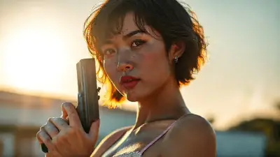It's a sunny summer day, the sun shining from the left. The woman is a total aesthetic, holding a pistol. The Chinese woman, in her 20s, has short, wet, wavy hair, prominent wet blue irises, small, juicy lips with pink undertones, a short chin, bright rose cheekbones, thick eyebrows, prominent dimples, and a few freckles. She has short shoulders, small, slender breasts, a slim waist, wide hips, a knitted leaf thong, and red high heels. The sunlight reflects off her face and body with a golden hue, completing the composition. Camera type: Full-frame DSLR 100MP Lens: 85mm f/1.8 portrait lens 85mm wide-angle;